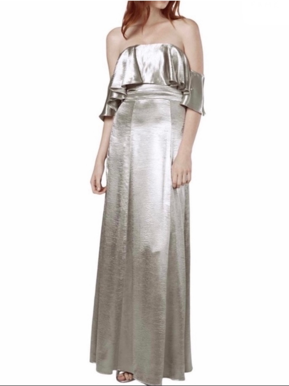 FAME AND PARTNERS SILVER METALLIC RUFFLE MAXI DRESS